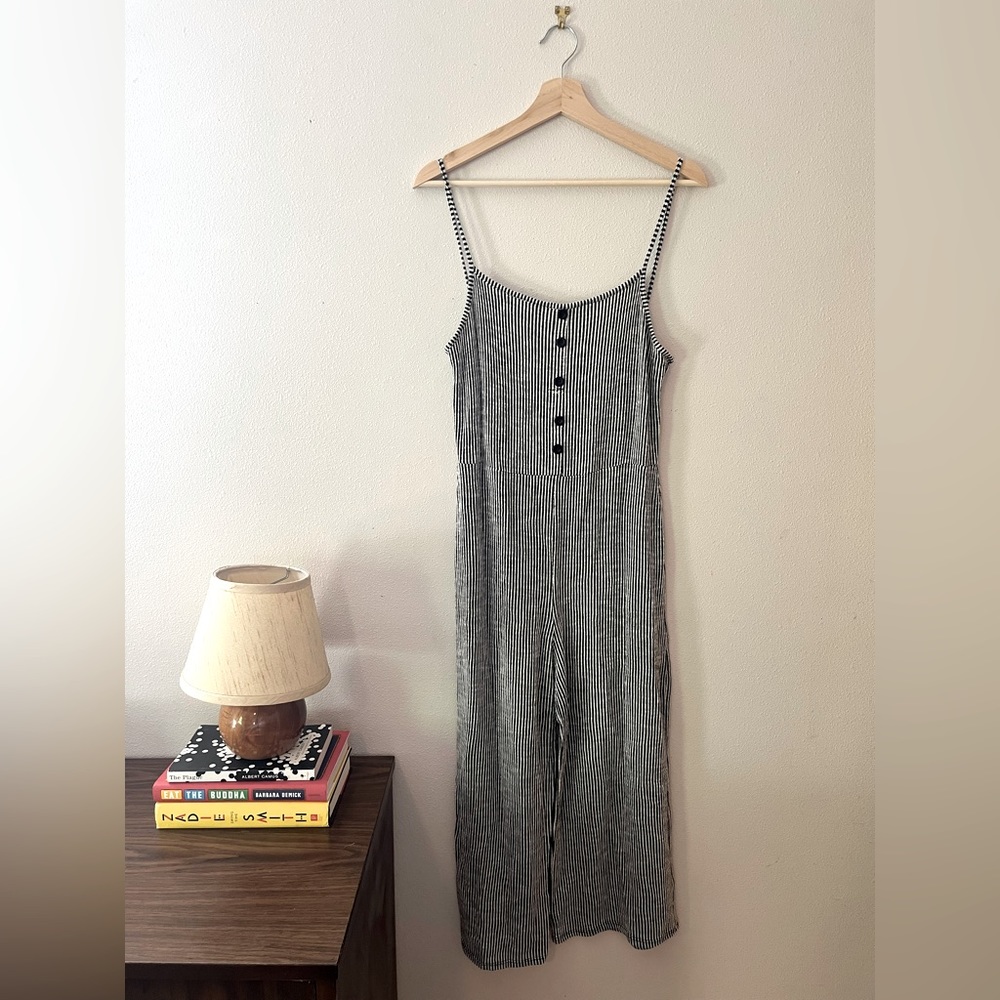 Striped Spaghetti Strap jumpsuit with wide legs and decorative button top